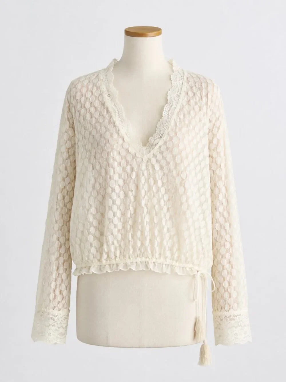 Free People Ivory Lace Polka Dot Sheer Long Sleeve Boho Blouse